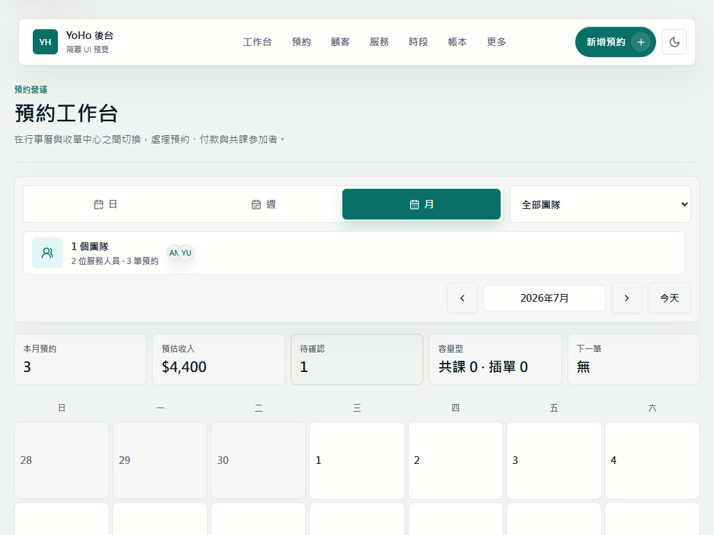 YoHo 平板預約月曆,顯示本月預約、收入與每日工作量